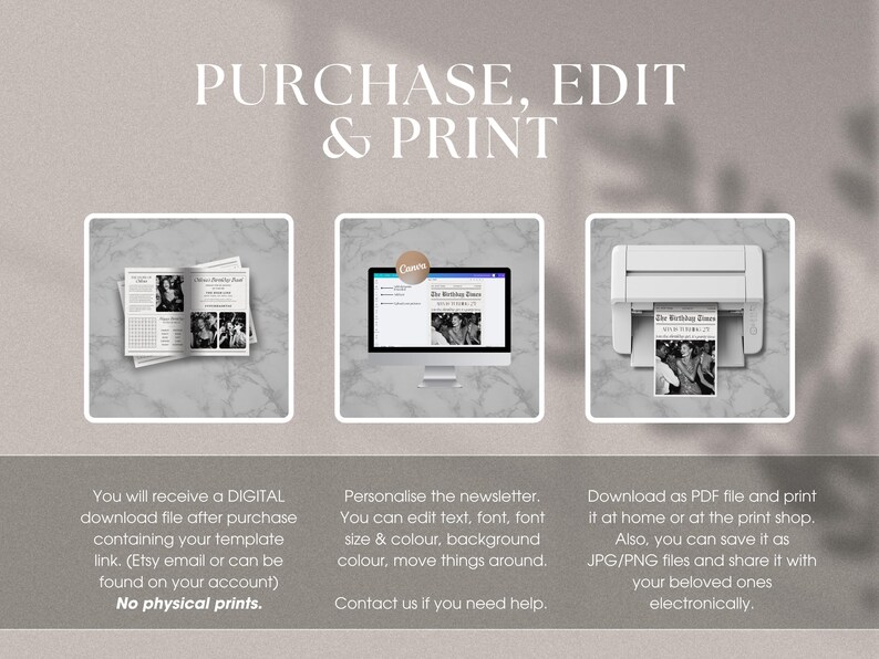 May include: A digital download template for a birthday newspaper. The template can be edited and printed at home or at a print shop. The image shows a computer screen with the template open in Canva, a printed copy of the template, and a printer.