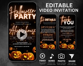 Könnte beinhalten: Editierbare Halloween-Party-Videoeinladungsvorlage mit schwarzem Hintergrund und orangefarbenen Kürbissen. Der Text lautet "Halloween Party" und "Alice's House". Die Einladung enthält Details zur Party, einschließlich Datum, Uhrzeit und Ort. Die Vorlage enthält auch einen Video-, Song-, Foto- und Freigabe-Button.