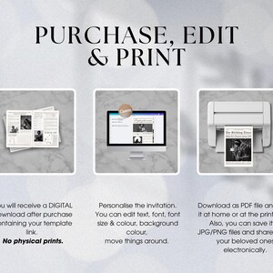May include: A digital download of a printable invitation template. The image shows a computer screen with a mock-up of the invitation, a printer, and a stack of paper. The text on the image reads "PURCHASE, EDIT & PRINT".