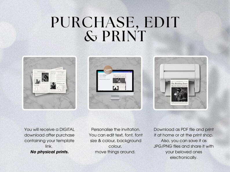 May include: A digital download of a printable invitation template. The image shows a computer screen with a mock-up of the invitation, a printer, and a stack of paper. The text on the image reads "PURCHASE, EDIT & PRINT".