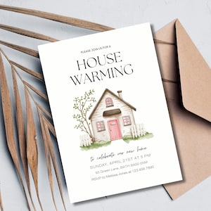 May include: A white housewarming invitation with a watercolor illustration of a small white house with a pink door and green bushes. The text reads "Please join us for a House Warming to celebrate our new home Sunday, April 21st at 5 PM 93 Green Lane, Bath BA50 ONM RSVP to Melissa Jones at 123 456 7890"