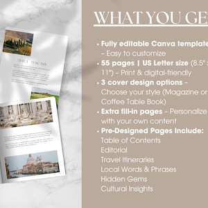 May include: A digital product mockup showing a travel journal template with images of Italy. The text "WHAT YOU GET" is displayed with a list of features including 55 pages, 3 cover design options, and pre-designed pages.