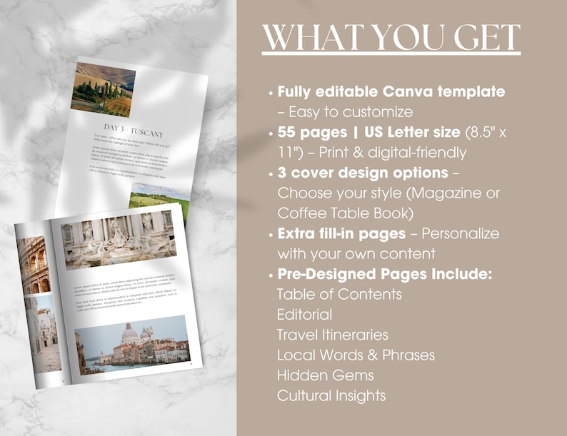 May include: A digital product mockup showing a travel journal template with images of Italy. The text "WHAT YOU GET" is displayed with a list of features including 55 pages, 3 cover design options, and pre-designed pages.