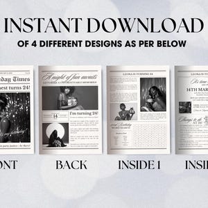 May include: Four black and white printable designs for a 24th birthday party. The front design features a woman in a glamorous outfit holding a birthday cake. The back design features a woman in a glamorous outfit holding a gift. The inside 1 design features a word search puzzle. The inside 2 design features a party invitation with the text "It's time to party" and "14th March 2025".