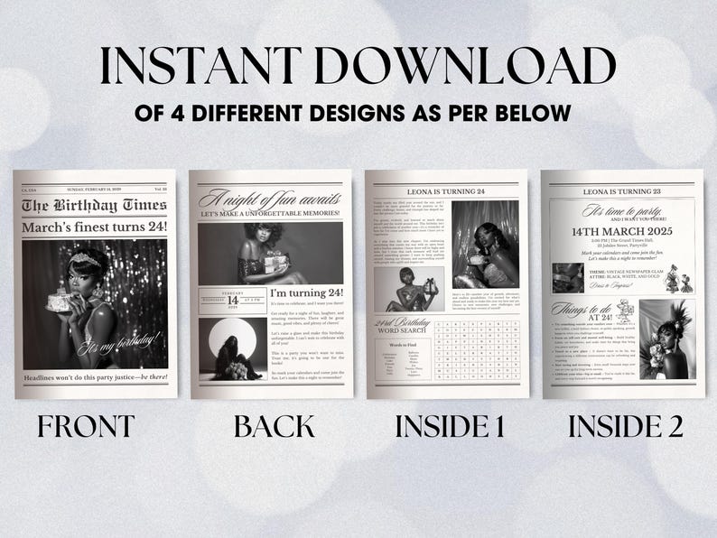 May include: Four black and white printable designs for a 24th birthday party. The front design features a woman in a glamorous outfit holding a birthday cake. The back design features a woman in a glamorous outfit holding a gift. The inside 1 design features a word search puzzle. The inside 2 design features a party invitation with the text "It's time to party" and "14th March 2025".