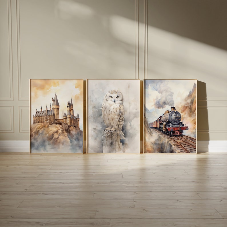 Neutral Wizard Nursery Decor, Nursery Wall Art, Boho Nursery Wall, Wizard Poster Print, Owl Print, Train Wall Art, New Baby Gift Print