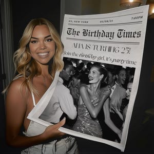 May include: A black and white photo of people dancing at a party. The photo is printed on a newspaper with the headline "The Birthday Times" and the text "AHA IS TURNING 25! Join the birthday girl, it's party time".