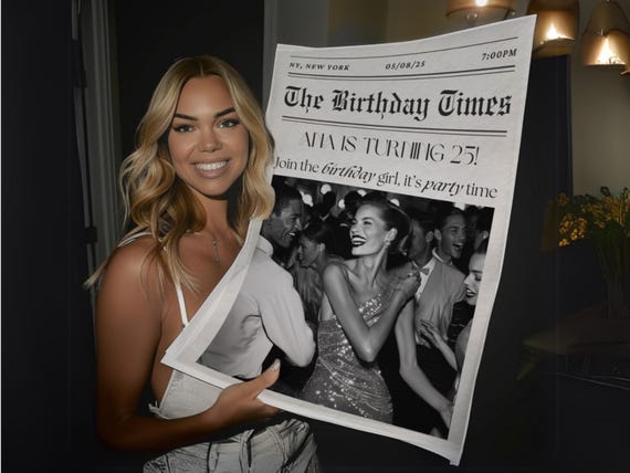 Editable Birthday Newspaper Template, Large Custom Party Invite Photoshoot Prop (Canva Digital Download)