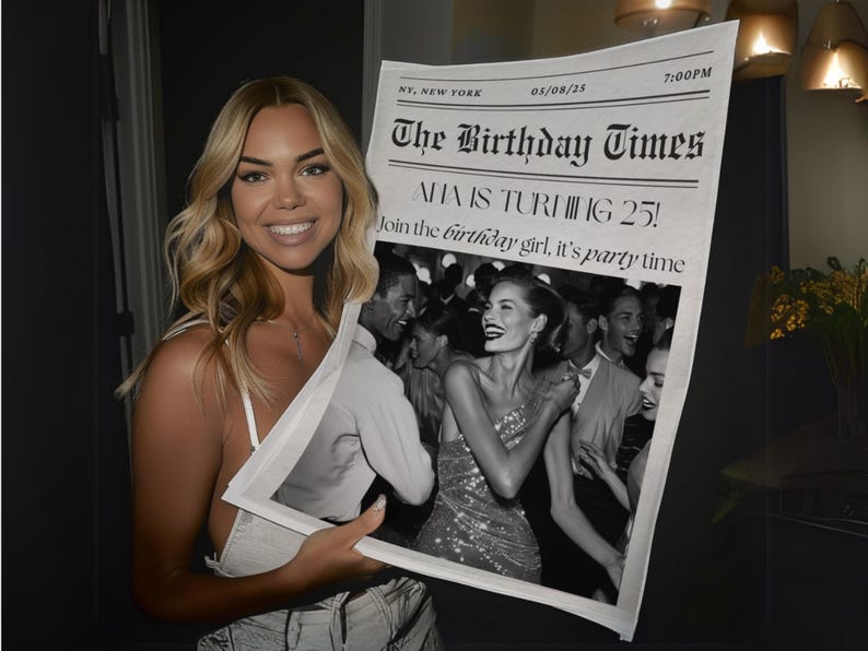 May include: A black and white photo of people dancing at a party. The photo is printed on a newspaper with the headline "The Birthday Times" and the text "AHA IS TURNING 25! Join the birthday girl, it's party time".