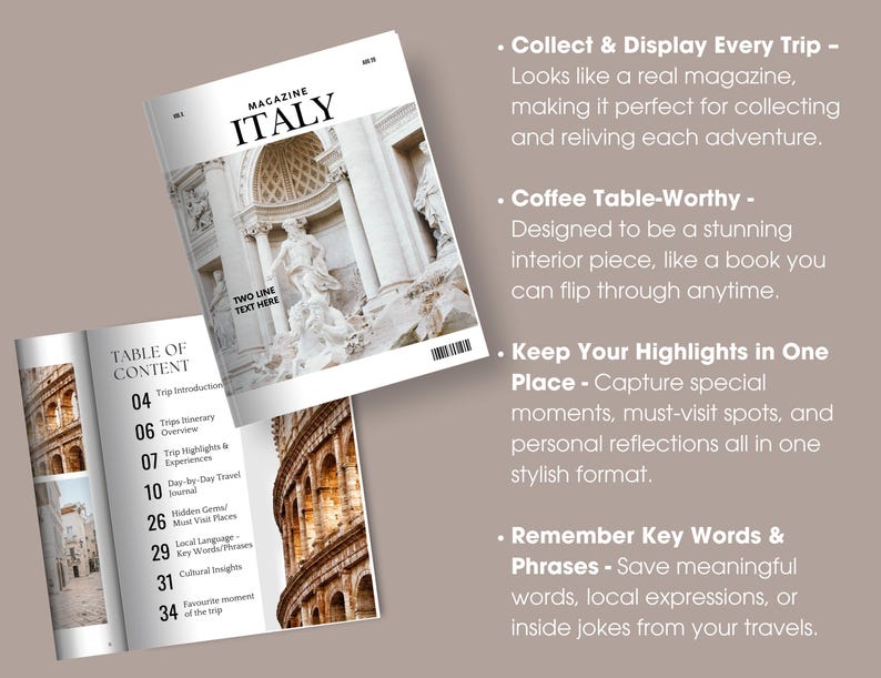 Travel Magazine Template
Digital Travel Journal
Printable Vacation Planner
Editable Travel Guide
Canva Travel Brochure
DIY Travel Photo Book
Travel Memory Keepsake
Vacation Scrapbook Template
Personalized Travel Journal
Custom Travel Scrapbook