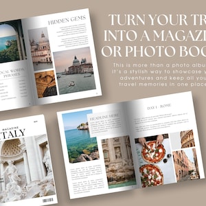 May include: A mockup of a travel magazine with the title "Magazine Italy" and images of Italian architecture, food, and scenery. The text "Turn your trip into a magazine or photo book!" is displayed at the top of the page.