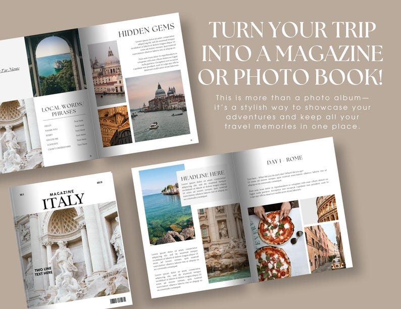 May include: A mockup of a travel magazine with the title "Magazine Italy" and images of Italian architecture, food, and scenery. The text "Turn your trip into a magazine or photo book!" is displayed at the top of the page.