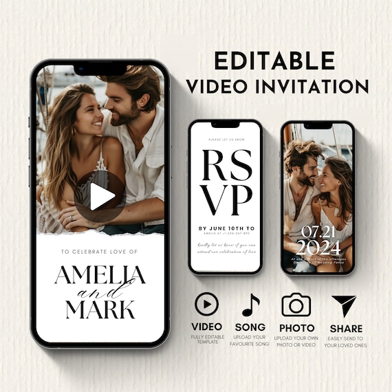 Digital Wedding Invitation Template, Wedding Video Invitation, Animated Wedding Invite, Customizable Canva Wedding Video Invite RSVP, Mobile