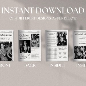 May include: Four black and white printable designs for a birthday party invitation. The front design features a newspaper headline that reads "The Birthday Times" with the text "NHAIS TURN 21" and "Join the birthday girl, it's party time". The back design features a photo of a woman with the text "Olivia is turning 21!" and "Let's celebrate together". The first inside design features a crossword puzzle with the title "Happy Birthday Word Search". The second inside design features a photo of three women with the text "Olivia's Birthday Bash" and "The High Line, New York, NY, USA" and "#YOURHASHTAG".