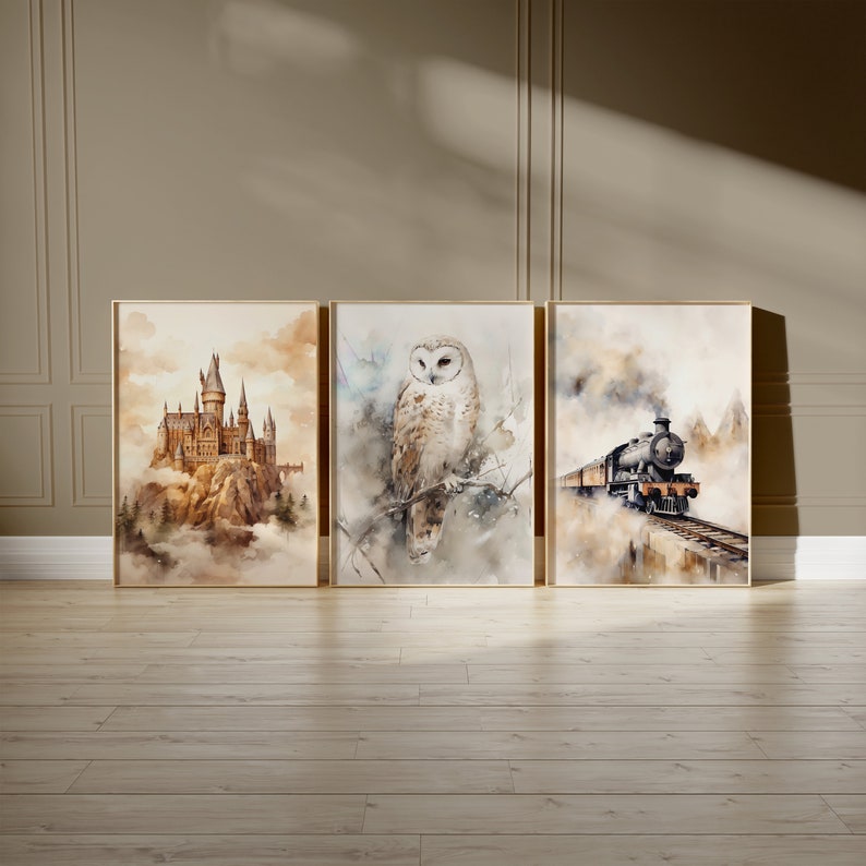 Owl Train Design Wizard Castle Owl Train Poster Set, Nursery Printable Wall Art, Magical ...
