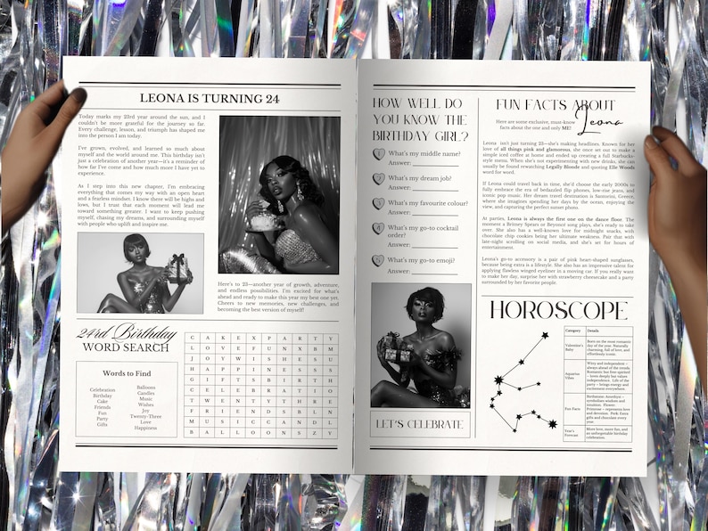 May include: A black and white newspaper style birthday party invitation for Leona's 24th birthday. The invitation includes a word search puzzle, a "How well do you know the birthday girl?" quiz, and fun facts about Leona. The invitation also includes a horoscope for the zodiac sign Aquarius.