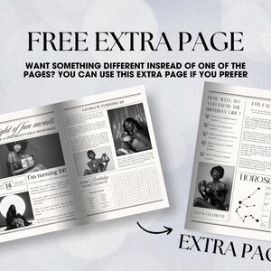 May include: A black and white printable birthday party booklet with a newspaper-style design. The booklet includes a word search, a "how well do you know the birthday girl?" quiz, and a horoscope. The text on the cover reads "Free Extra Page".