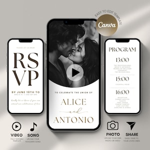 Hochzeitsvideo-Einladungsvorlage, animierte Hochzeitseinladung, digitale Canva Hochzeitseinladung, Antwortkartenvorlage, anpassbare Hochzeitseinladung