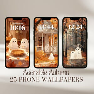 May include: Three smartphone screens displaying autumn-themed wallpapers. Each features a different scene with cartoon ghosts, pumpkins, and fall foliage. The text "Adorable Autumn" and "25 PHONE WALLPAPERS" is at the bottom.