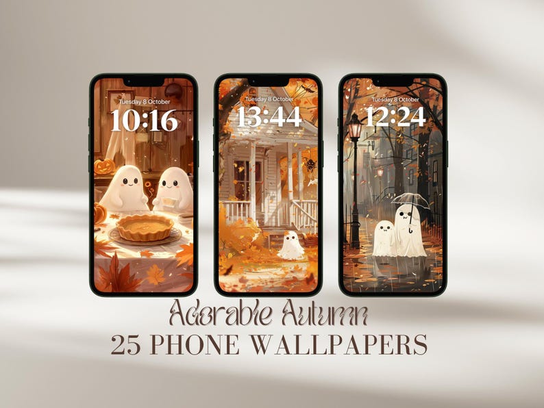 Puede incluir: Tres pantallas de tel&eacute;fonos inteligentes que muestran fondos de pantalla con temas de oto&ntilde;o. Cada uno presenta fantasmas de dibujos animados, calabazas y follaje oto&ntilde;al. El texto "Adorable Autumn" y "25 PHONE WALLPAPERS" est&aacute; en la parte inferior.