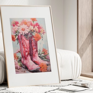 Hot Pink Cowboy Boots Painting Poster, Coastal Cowgirl Print Pink, Dorm Western Girl Room Wall Art, Trendy Preppy Decor Digital Download