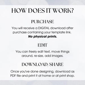 May include: How a digital printable works: purchase, edit, download and share.  You will receive a digital download after purchase containing your template link. No physical prints.