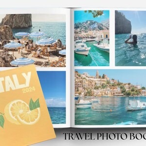 May include: A yellow travel photo book with the text "ITALY 2024" on the cover. The cover also features a lemon illustration. The book is open to a page with four photos of a beach, a town, a boat, and a person swimming in the ocean.