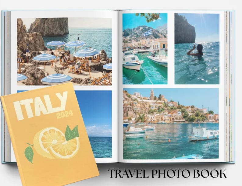 May include: A yellow travel photo book with the text "ITALY 2024" on the cover. The cover also features a lemon illustration. The book is open to a page with four photos of a beach, a town, a boat, and a person swimming in the ocean.