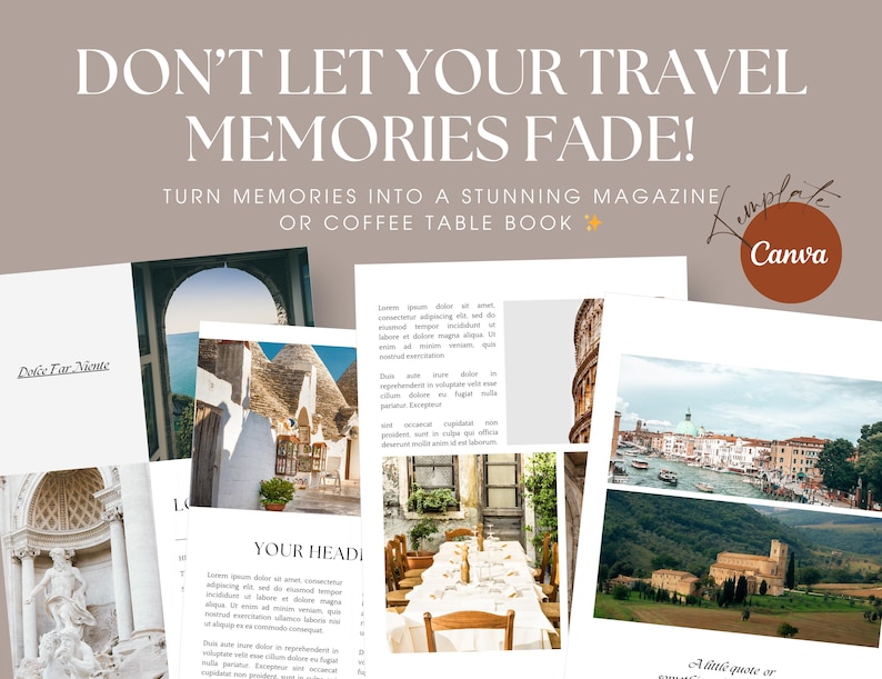 Travel Magazine Template
Digital Travel Journal
Printable Vacation Planner
Editable Travel Guide
Canva Travel Brochure
DIY Travel Photo Book
Travel Memory Keepsake
Vacation Scrapbook Template
Personalized Travel Journal
Custom Travel Scrapbook