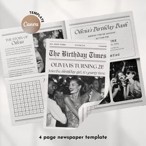 誕生日新聞テンプレート、カスタム新聞大、誕生日パーティー招待新聞Canvaテンプレート、編集可能な誕生日写真撮影新聞