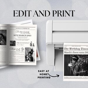 May include: A black and white printable birthday newspaper template with the headline "The Birthday Times" and the subheading "March's finest turns 24!" The template features a photo of a person wearing a crown and holding a cake. The text "Headlines won't do this party justice - be there!" is at the bottom of the template.