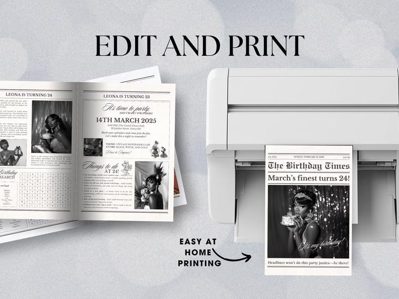 May include: A black and white printable birthday newspaper template with the headline "The Birthday Times" and the subheading "March's finest turns 24!" The template features a photo of a person wearing a crown and holding a cake. The text "Headlines won't do this party justice - be there!" is at the bottom of the template.
