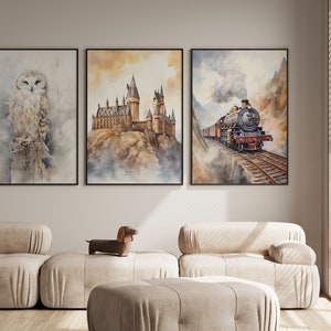 Neutral Wizard Nursery Decor, Nursery Wall Art, Boho Nursery Wall, Wizard Poster Print, Owl Print, Train Wall Art, New Baby Gift Print