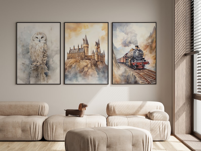 Neutral Wizard Nursery Decor, Nursery Wall Art, Boho Nursery Wall, Wizard Poster Print, Owl Print, Train Wall Art, New Baby Gift Print