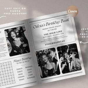 May include: A black and white newspaper style birthday party invitation for Olivia's Birthday Bash. The invitation includes a word search puzzle, a photo collage, and the text "Olivia's Birthday Bash", "Friday 7th of August at 7:00 PM", "The High Line, New York, NY 10011, USA", and "#YOURHASHTAG".