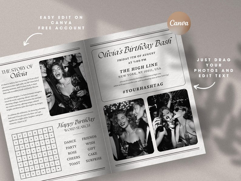 May include: A black and white newspaper style birthday party invitation for Olivia's Birthday Bash. The invitation includes a word search puzzle, a photo collage, and the text "Olivia's Birthday Bash", "Friday 7th of August at 7:00 PM", "The High Line, New York, NY 10011, USA", and "#YOURHASHTAG".