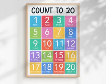 May include: A framed educational poster with the text "COUNT TO 20" at the top. The poster features a colorful grid with numbers 1-20 and their corresponding written words. The numbers are in different colored squares.