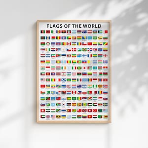 May include: A rectangular wall poster titled FLAGS OF THE WORLD in black capital letters at the top. The poster features a grid of numerous small, colorful national flags arranged in rows, each labeled with its corresponding country name in black text.