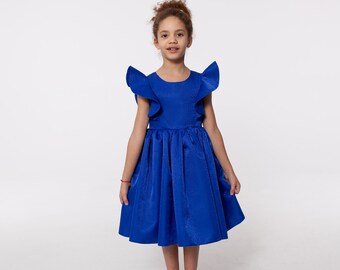 Royal blue party kids dress with bow, flutter sleeves tutu girl dress, satin flower girl dress, princess birthday party gown