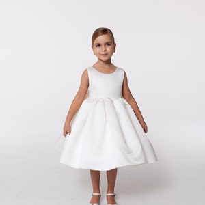 White satin flower girl dress, big bow, toddler wedding dress, junior bridesmaid dress for wedding party, baptism christening girl dress