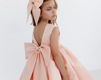 Peach satin flower girl dress big bow, toddler wedding dress, junior bridesmaid dress for wedding party, baptism christening girl dress