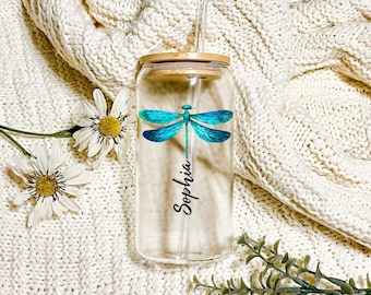 Dragonfly Sipper Glass, Personalized Dragonfly Tumbler, Dragonfly Lover Gift, Dragonfly Can Glass, Gift for Her, Dragonfly Gifts, Dragonfly