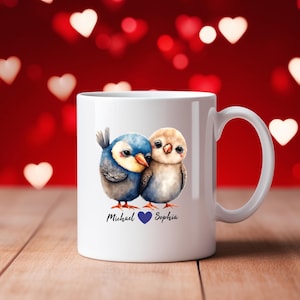Birds in Love Personalized Name Mug, Custom Love Birds Coffee Cup, Couple Gift, Wedding Anniversary Present, Valentine&#39;s Day Mug