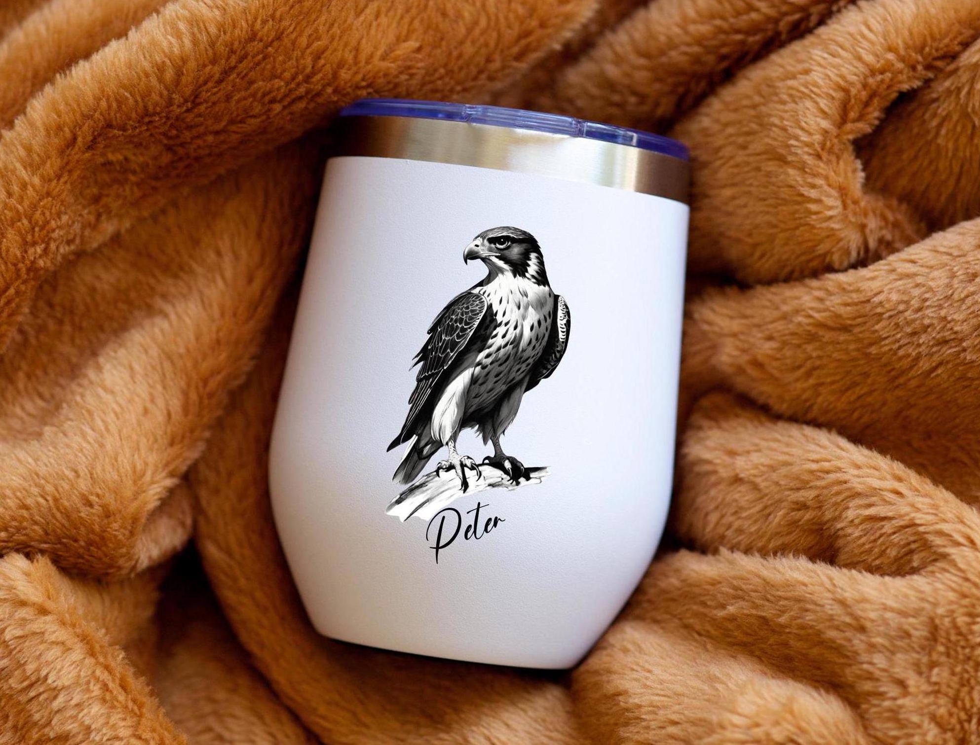 Peregrine Falcon Wine Tumbler, Personalized Stainless Steel Drinkware, Custom Name Insulated Cup, Bird Lover Gift, Animal Design Wine
