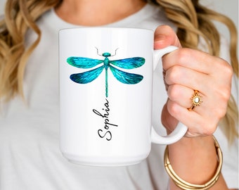 Dragonfly Coffee Mug, Custom Coffee Mug With Name, Nature Mug, 15oz Handmade Ceramic Coffee Mug, Tea Lover Gift