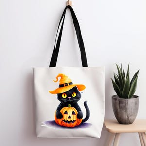 Halloween Cat Tote Bag, Spooky Pumpkin Shoulder Bag, Trick or Treat Grocery Bag, Punkin Cat Handbag, Kitty Halloween Purse