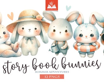 Watercolor Bunny Clipart. Summer Adventure Storybook Illustrations. Cute Rabbit PNGs for Scrapbooking & Classroom Clipart Set, Printable PNG