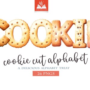 Könnte beinhalten: Ein Satz von 26 Keks-Alphabetbuchstaben, jeder Buchstabe ist ein Keks mit einem braunen und weißen Design. Die Buchstaben buchstabieren das Wort "COOKIE" und den Text "cookie cut alphabet, a delicious alphabet treat, 26 PNGs".