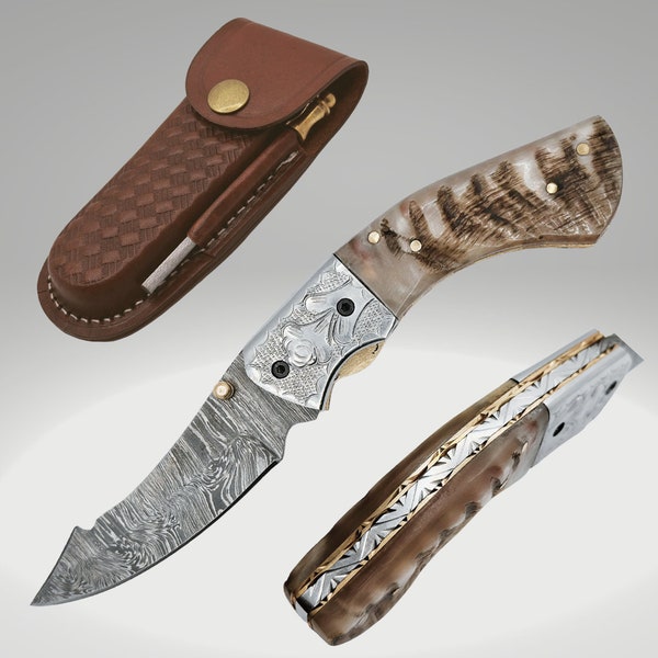 Handmade Damascus Steel Folding Pocket Knife - Horn Handle - Sheath & Sharpener