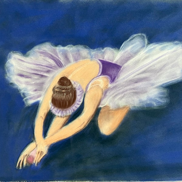Ballerina in a pink and purple tutu pastel painting on velour
